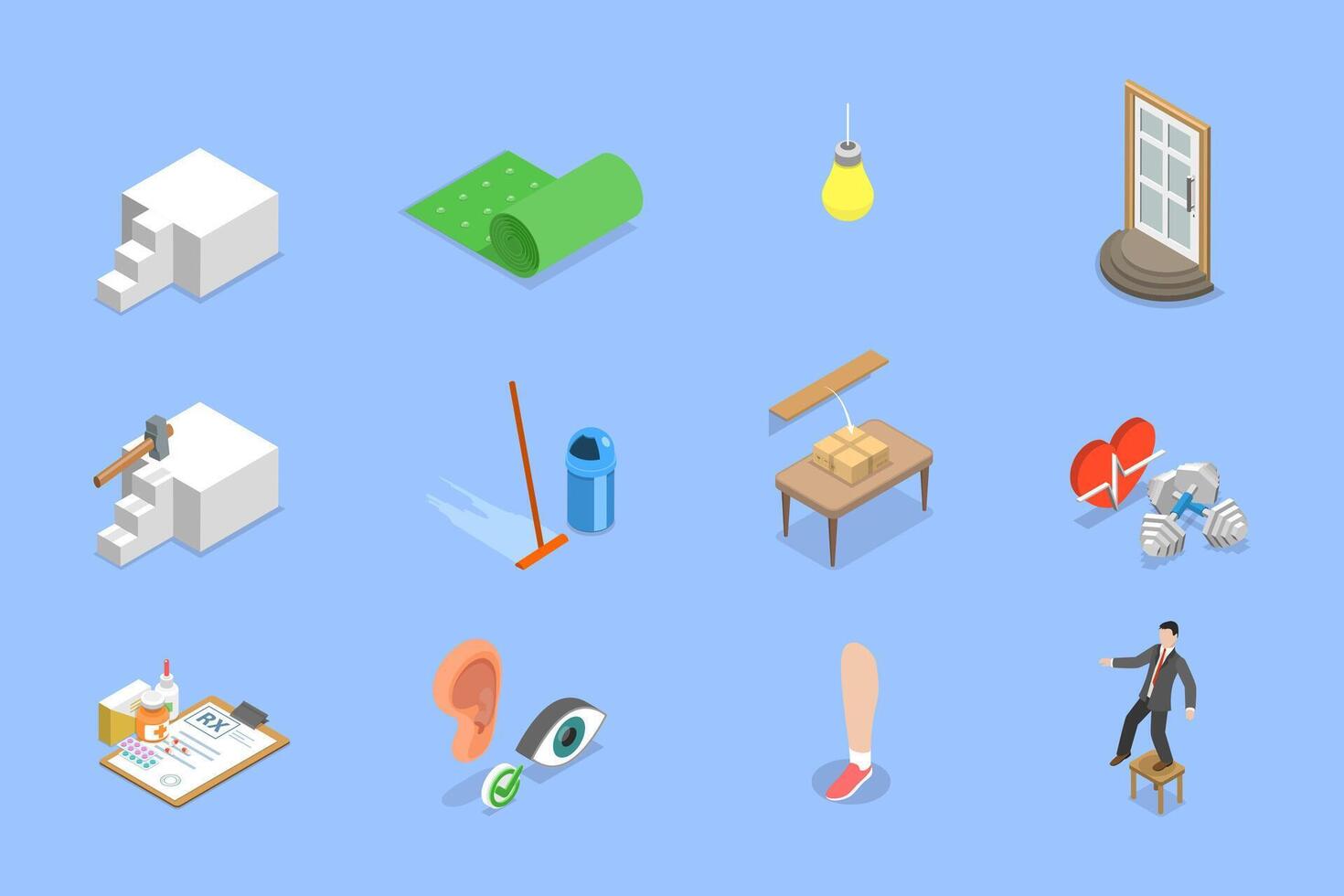 3D Isometric Flat Illustration of Senior Fall Prevention Tips, List of Safety Measures vector
