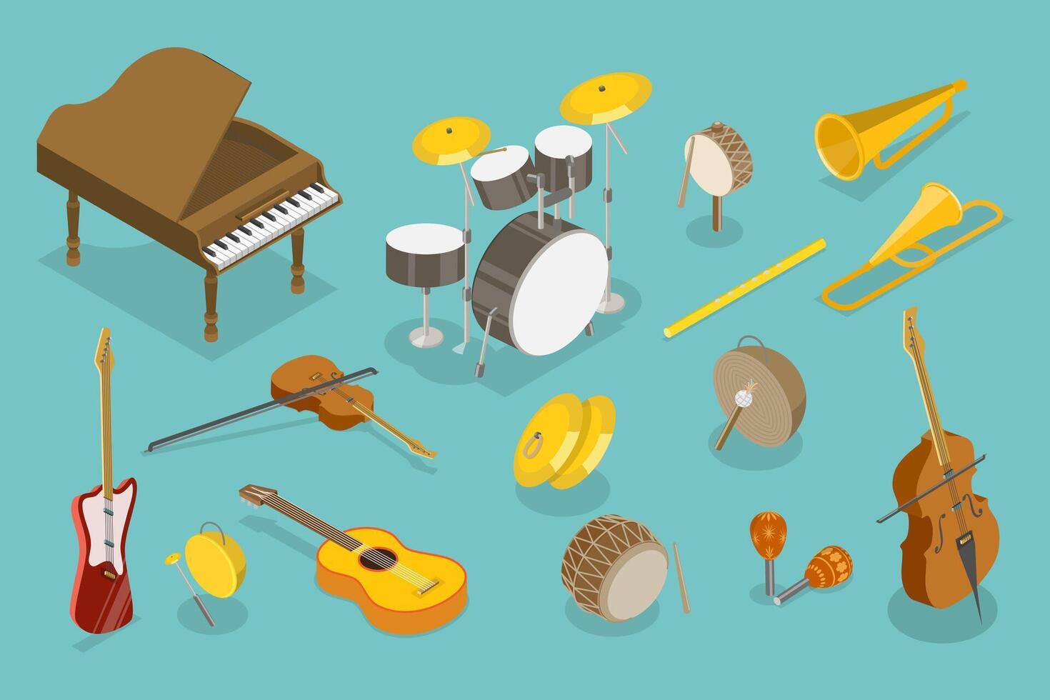 3D Isometric Flat Set of Musical Instruments, Classic and Modern, for Amateurs and Professionals vector