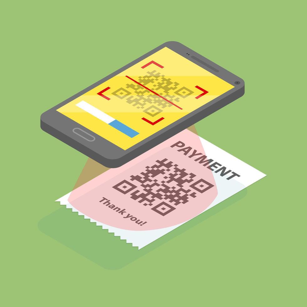 3D Isometric Flat Illustration of Mobile Barcode Reader, Phone Scanning QR-code vector
