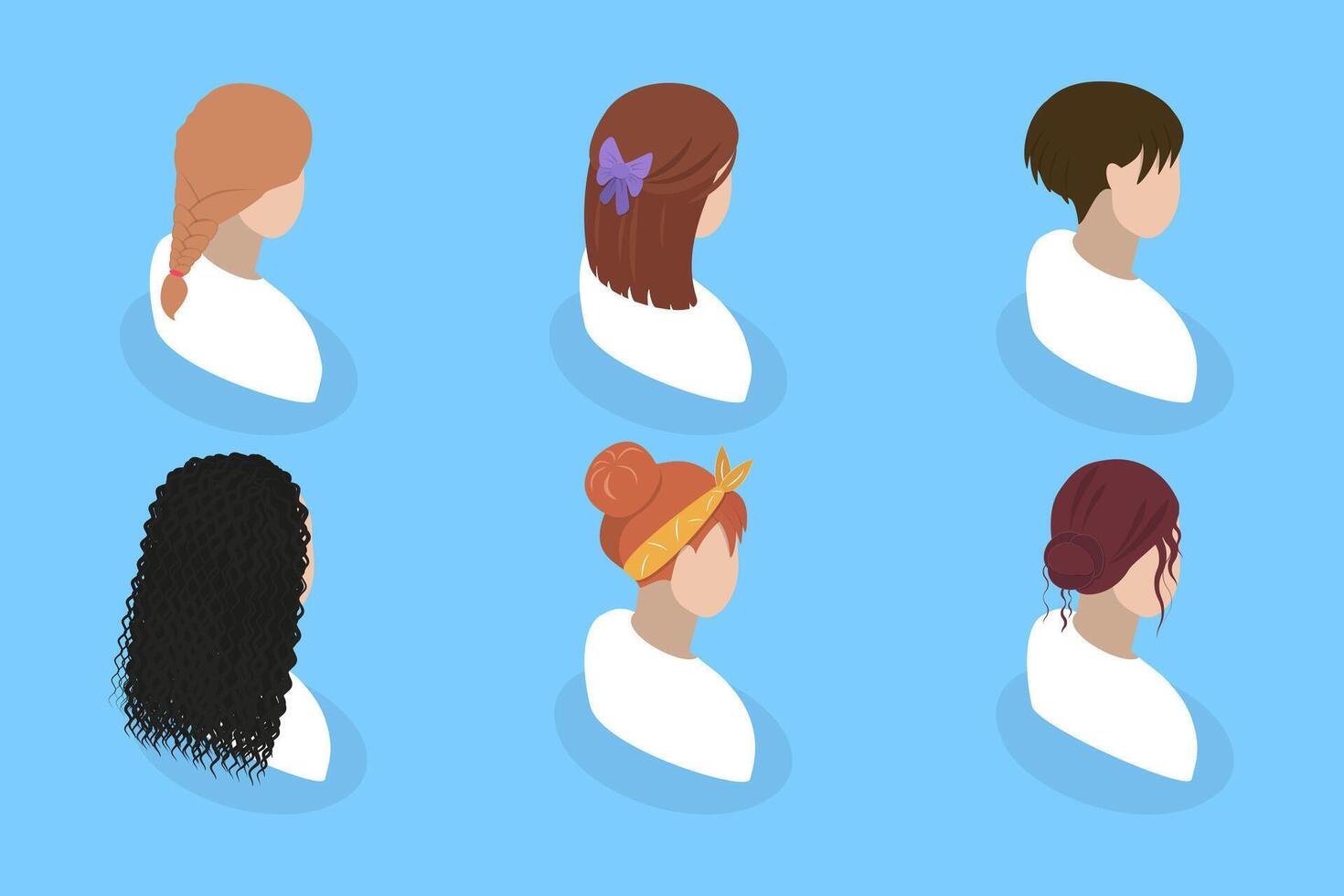3D Isometric Flat Set of Lady Hairstyles, Rear View vector