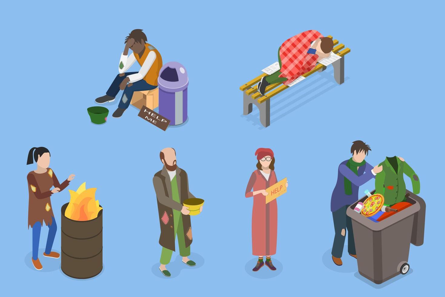 3D Isometric Flat Set of Homeless People, Poverty, Unemployed and Refugees vector