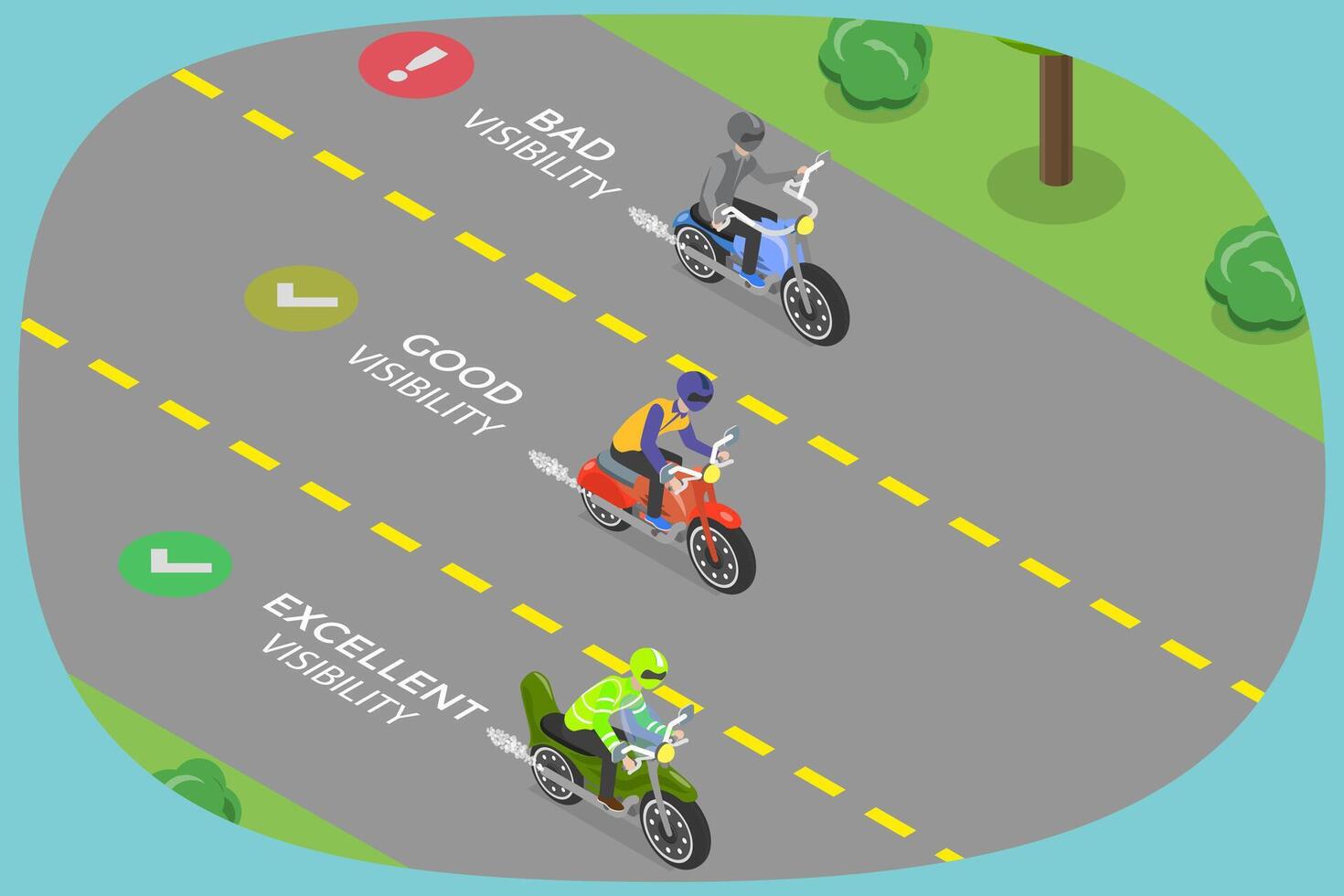 3D Isometric Flat Illustration of Visibility Of Motorcycle Rider, Safety Ttips and Rules vector