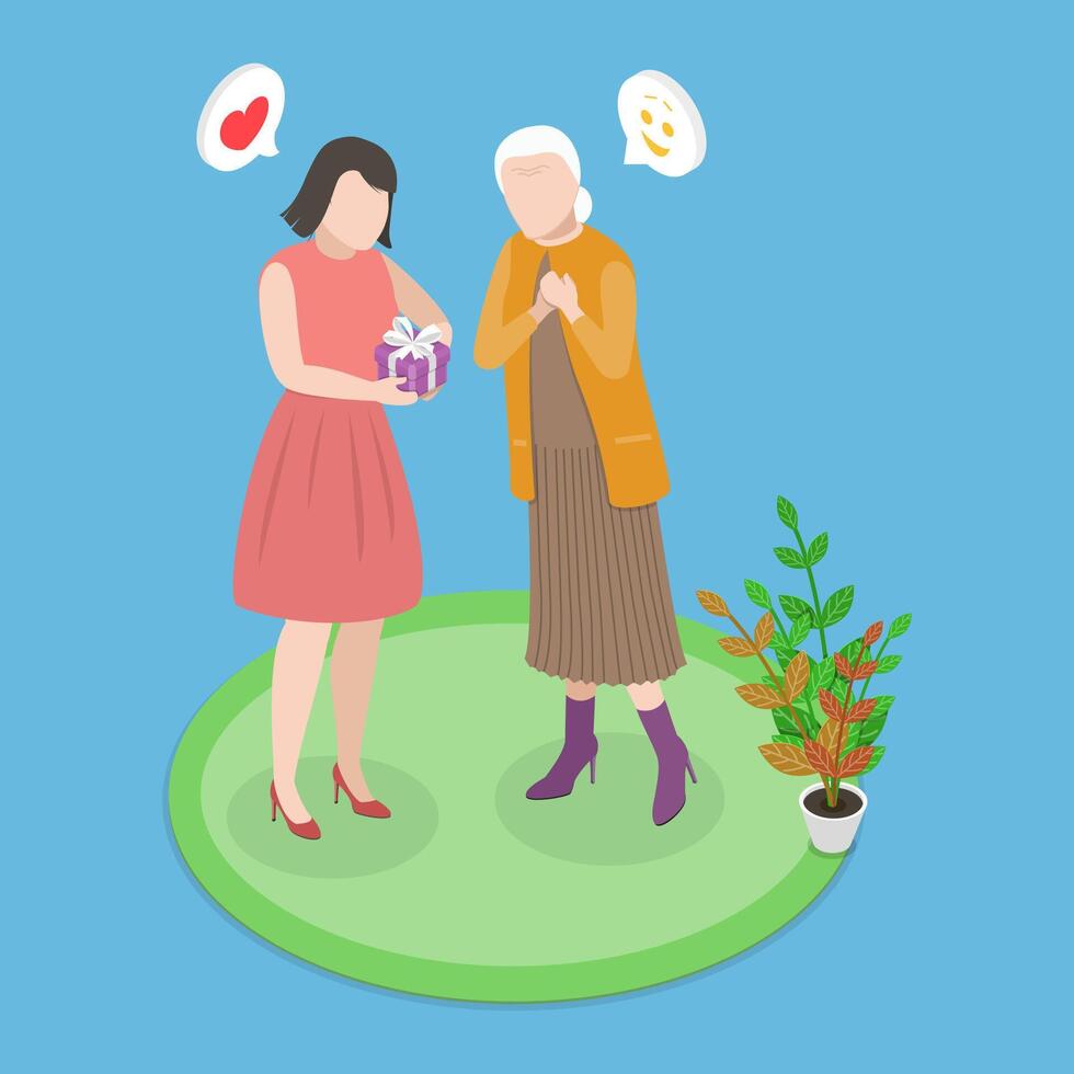 3D Isometric Flat Illustration of Present To Elderly Mother, Friendly Family Relationship vector