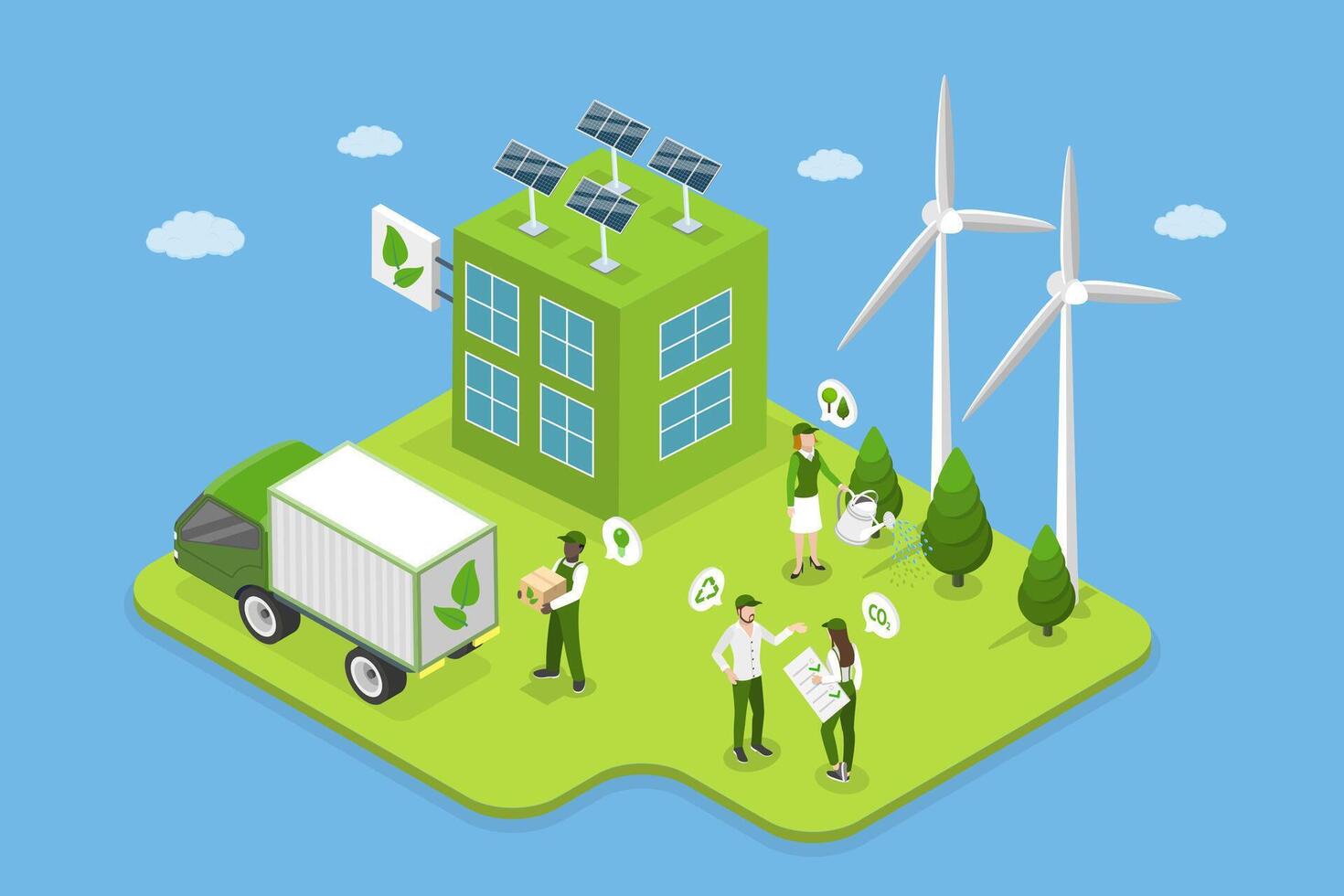 3D Isometric Flat Illustration of Sustainable And Ecological Company, Zero Waste Eco Approach vector
