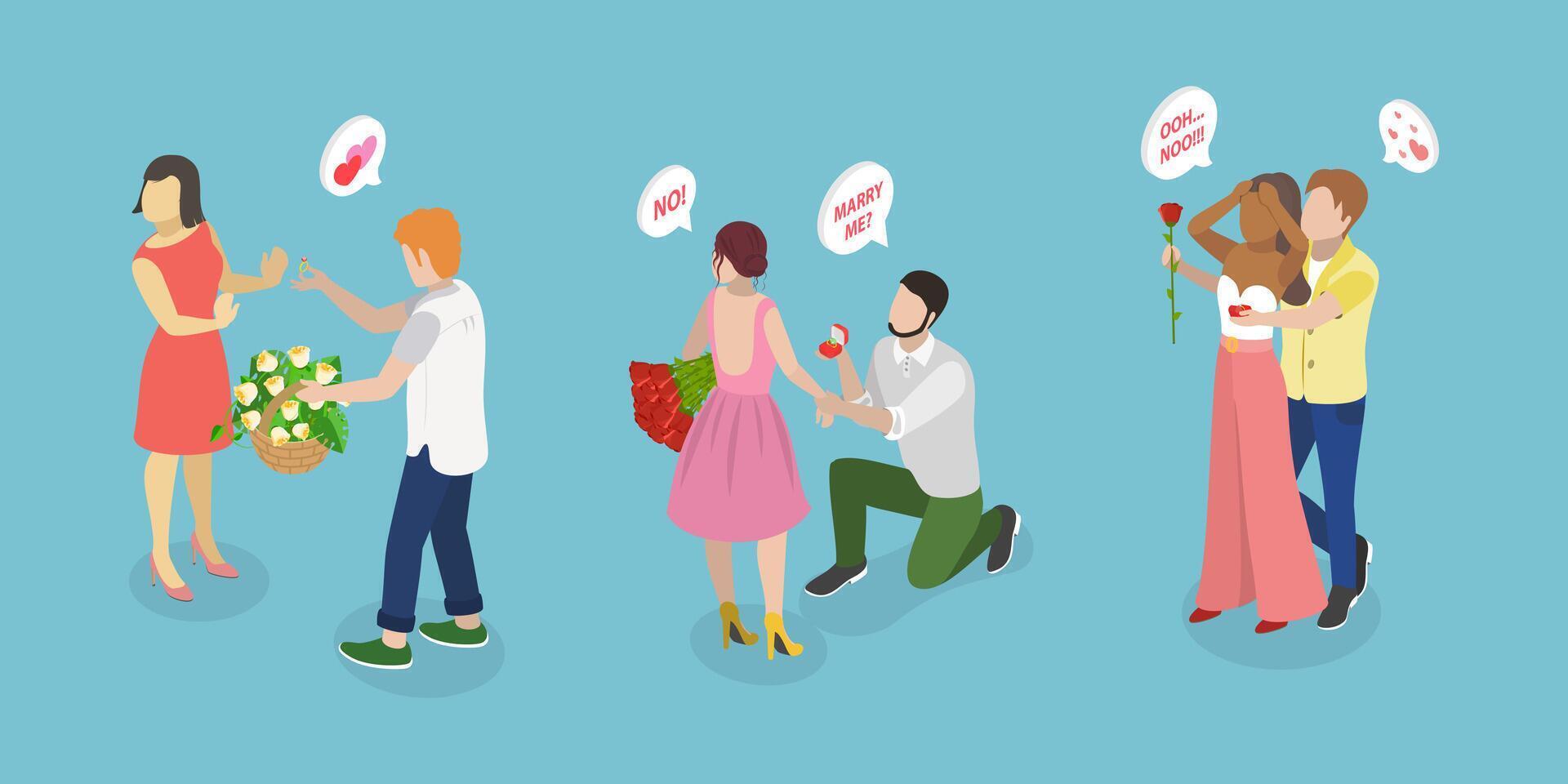 3D Isometric Flat Illustration of Marriage Proposal Rejection, Wedding Refusal vector
