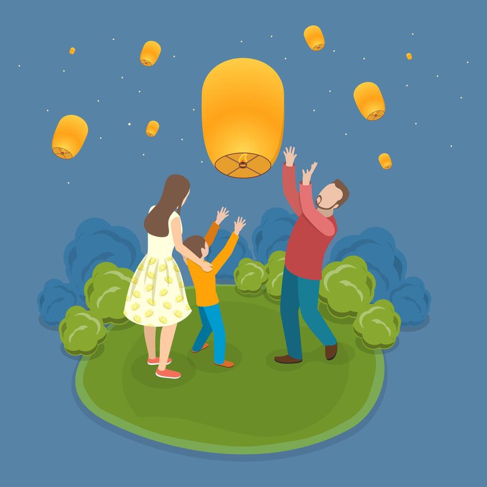 3D Isometric Flat Illustration of Sky Lantern Festival, Asian Holiday Tradisions vector