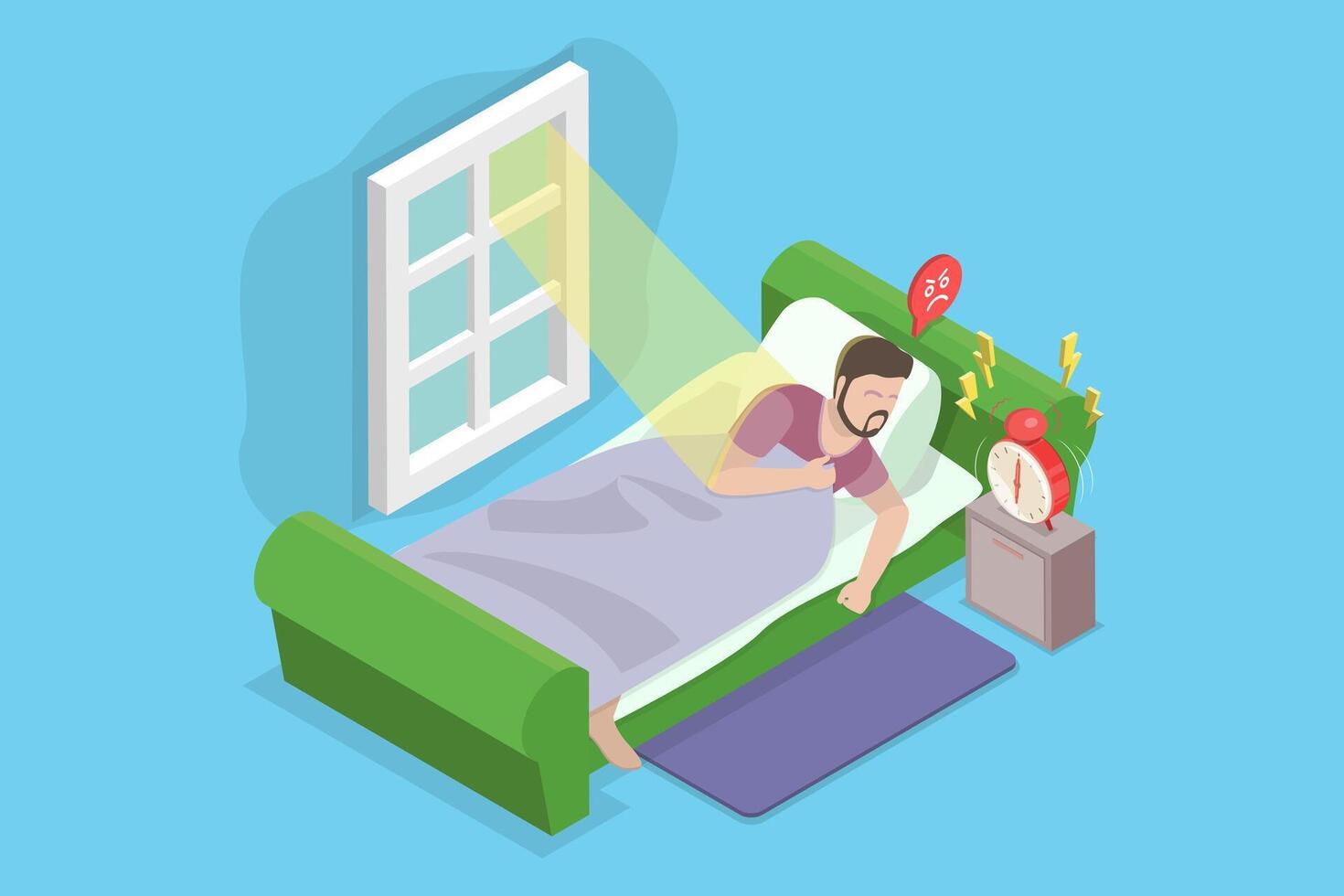 3D Isometric Flat Illustration of Morning Stress, Unhappy Person Awaken by an Alarm Clock vector