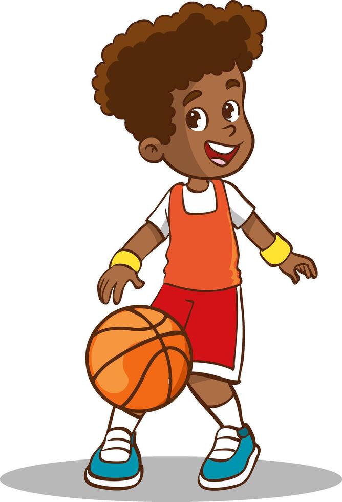 happy cute boy playing basketball illustration vector