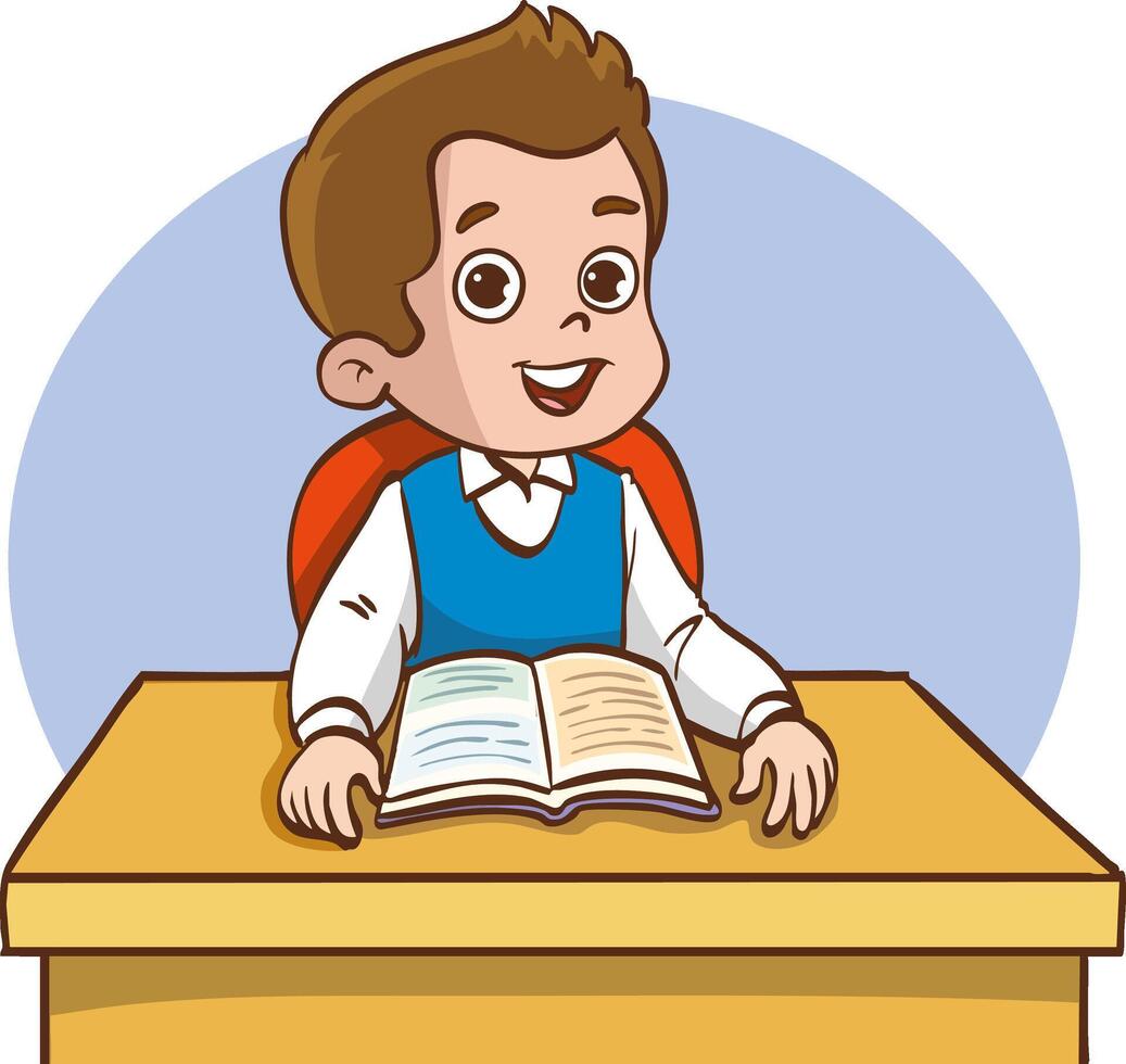Little student children studying at the table and feeling happy vector