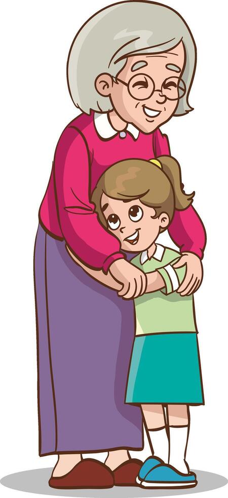 Grandmother lovingly smiles and hugs her laughing grandson. Generations and family relationship. Flat style illustration vector