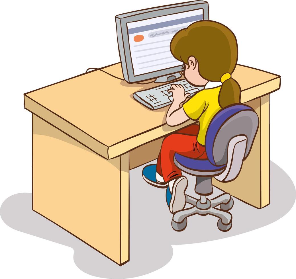 Student boy sitting at home office desk, doing school homework, surfing internet on desktop computer. Flat illustration isolated on white. vector
