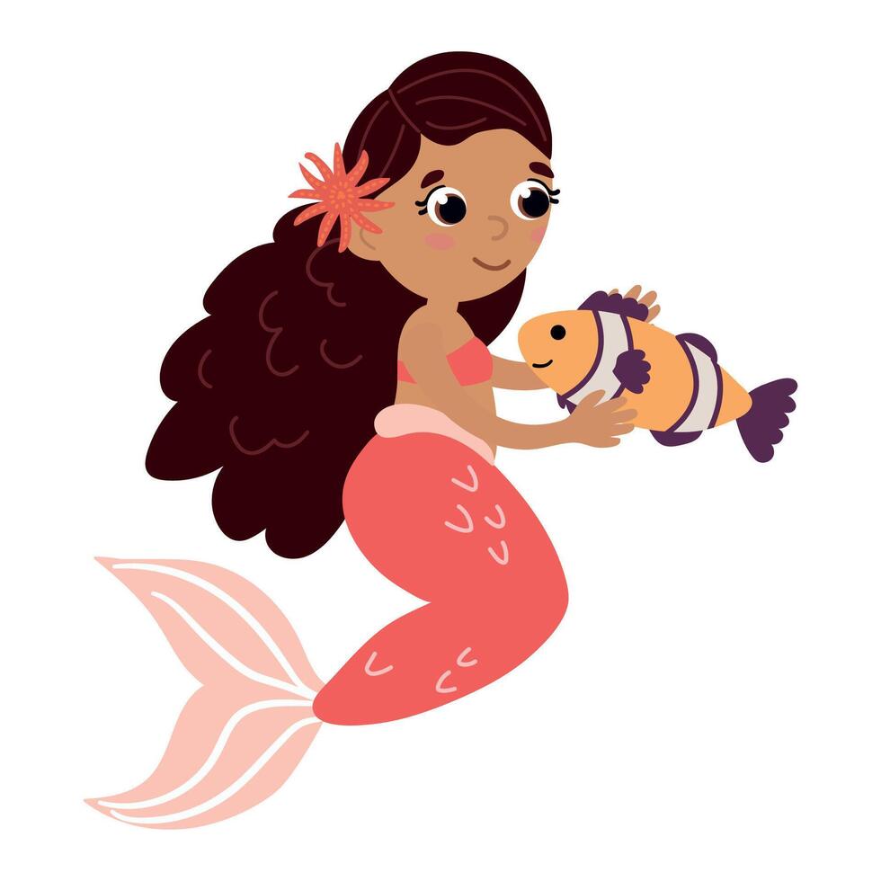 Cute little mermaid with fish. White background, isolate vector
