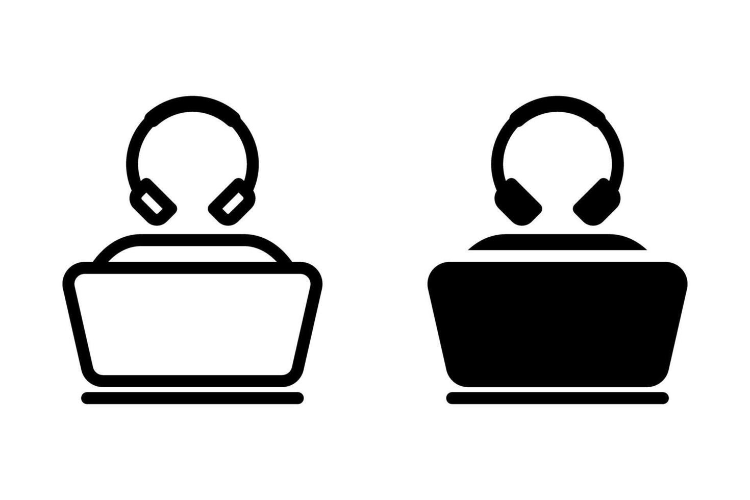 Person wearing headphones in front of laptop icon set. Represents online support, customer service, call center, or remote work vector