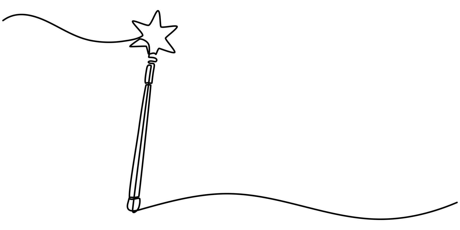 Magic stick continuous one line art drawing magic wand hand drawn art vector
