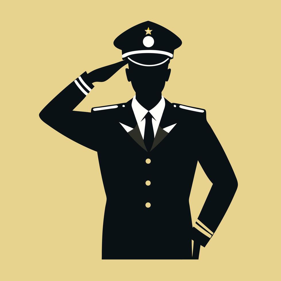 Saluting Military Officer Silhouette In Uniform Displaying Respect And Honor vector