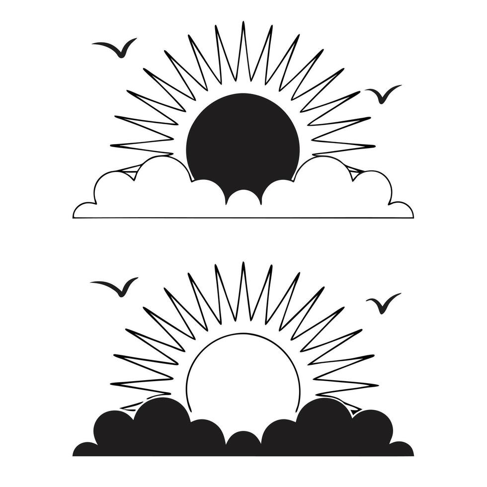 Minimalist Sun And Clouds Icon Set With Birds In Black And White vector