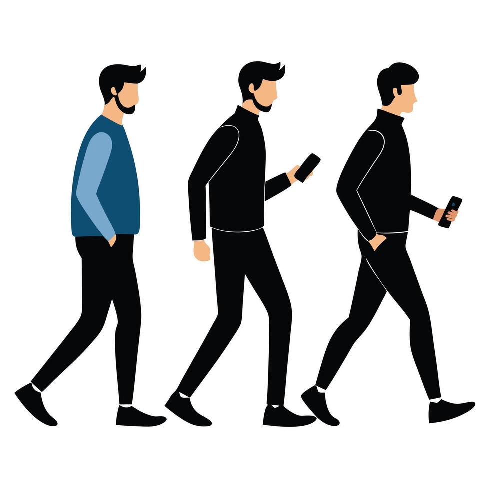 Three Men Walking Using Smartphones Flat Illustration On White Background vector