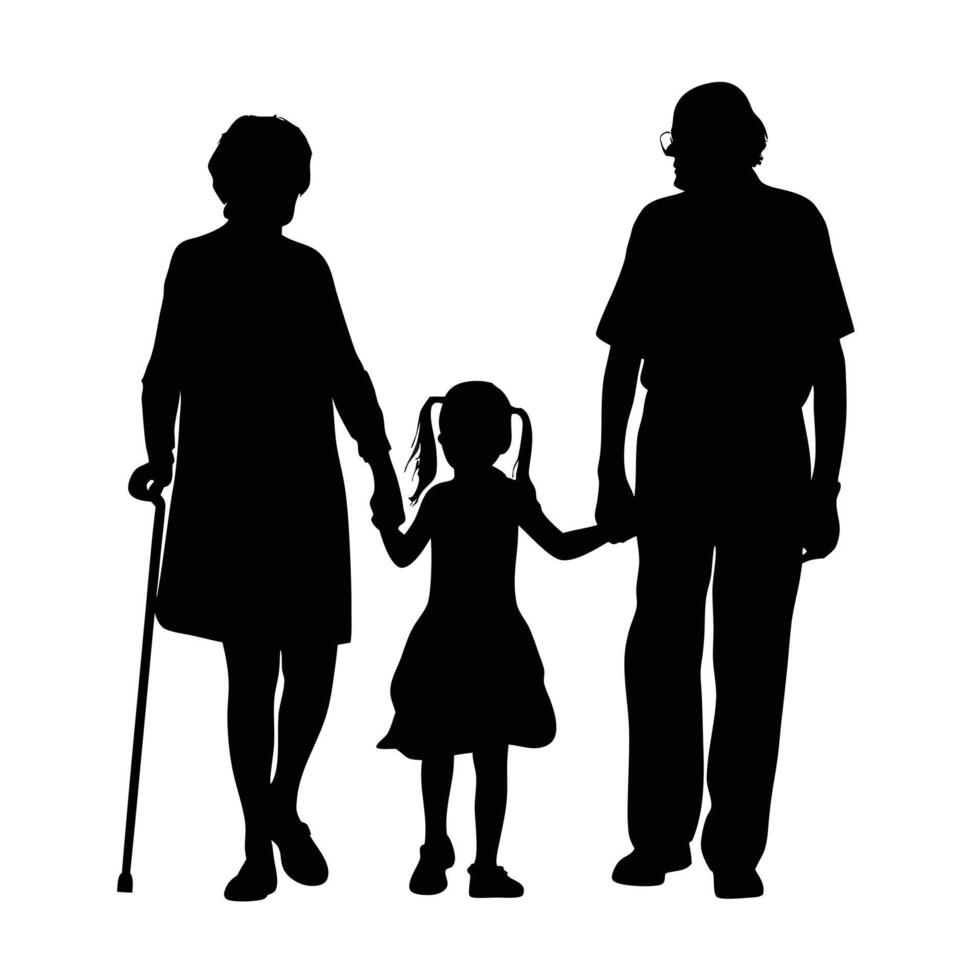 Silhouette Of Grandparents Walking Hand In Hand With Granddaughter On White Background vector