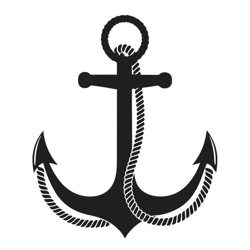 Nautical Anchor Silhouette With Rope Classic Maritime Symbol On White Background vector