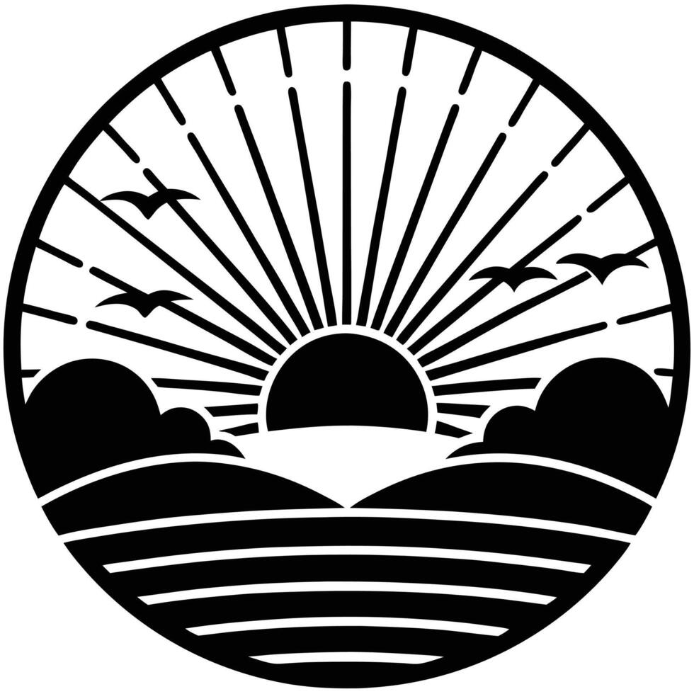 Minimalist Black And White Sunrise Illustration With Birds In Flight Graphic vector