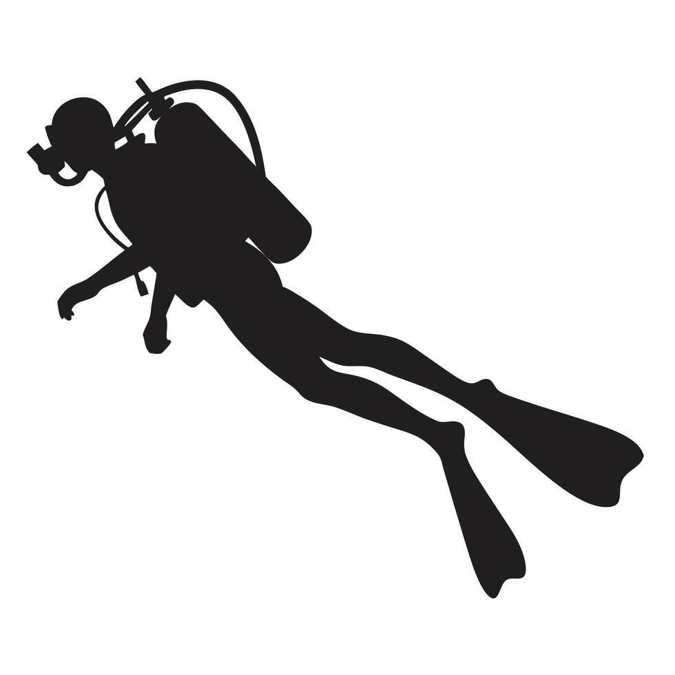 Silhouette Of A Scuba Diver Swimming Underwater With Fins And Oxygen Tank Illustration vector