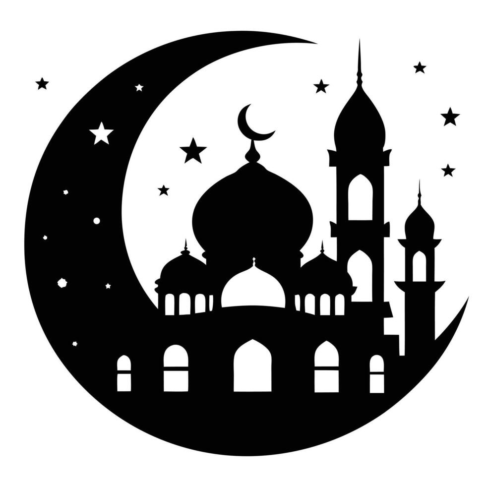 Silhouette Of Mosque Crescent Moon And Stars Illustration For Ramadan Kareem vector