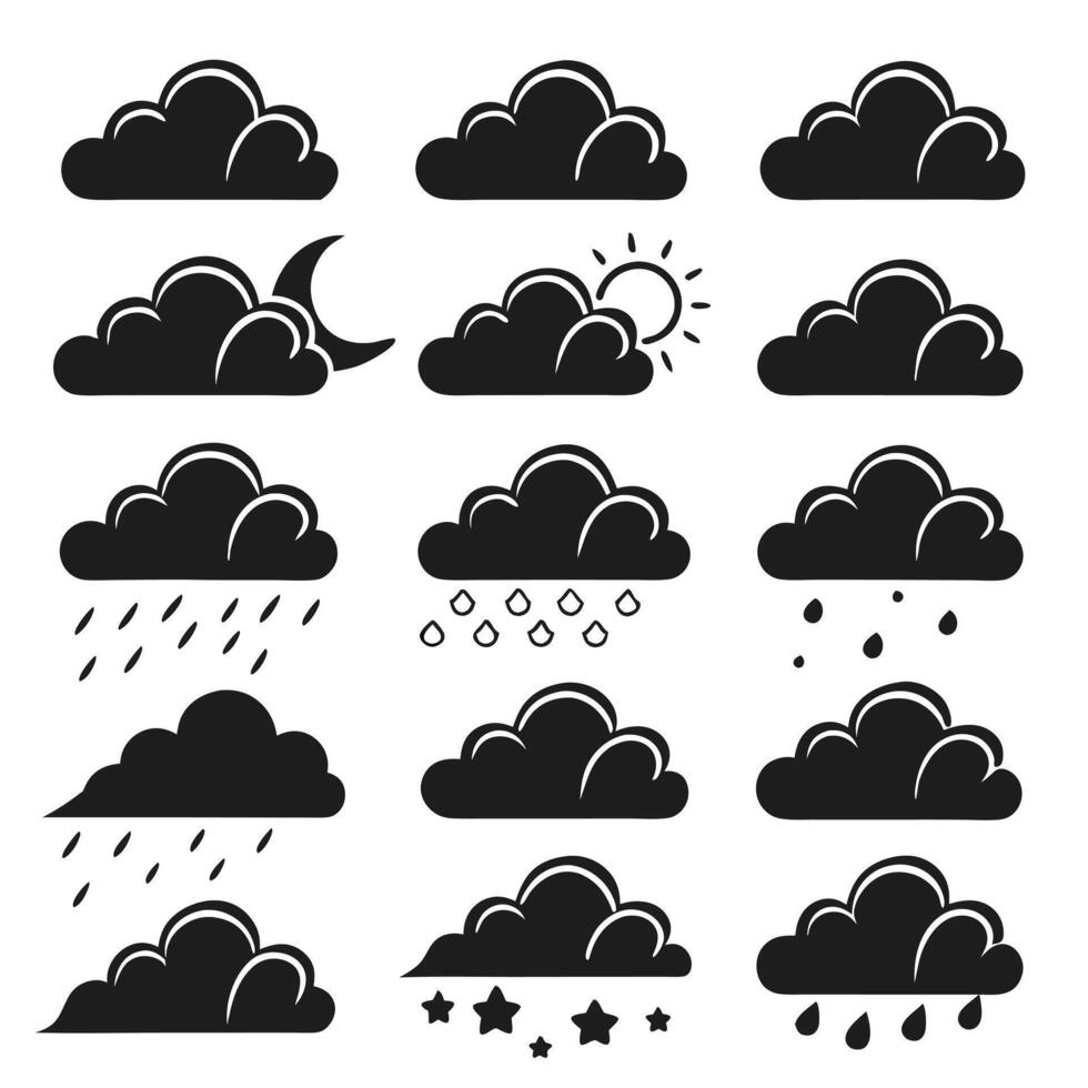 Set Of Black Cloud Icons With Rain Sun Moon And Stars Symbols vector