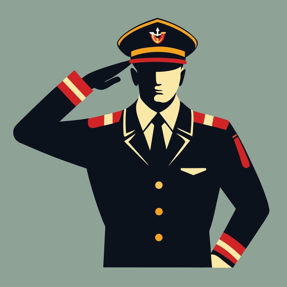 Saluting Military Officer In Uniform With Ornate Hat Isolated Flat Design vector
