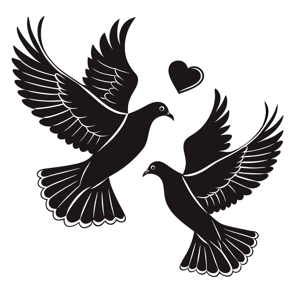 Two Flying Doves With Heart Graphic In Black And White Illustration vector