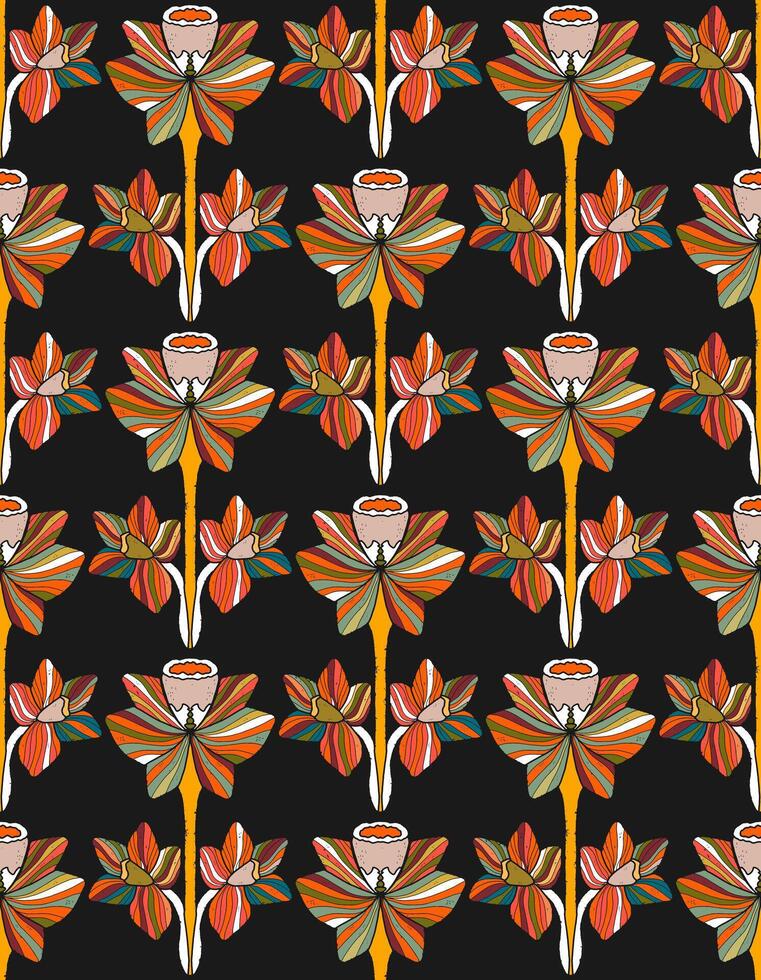 a pattern with orange and black flowers on it vector