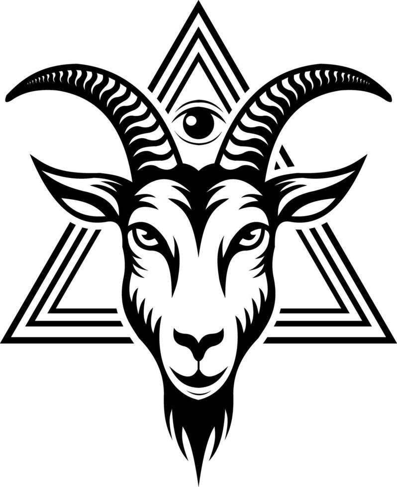 A black and white logo featuring a powerful angular goat with detailed prominent horns. vector