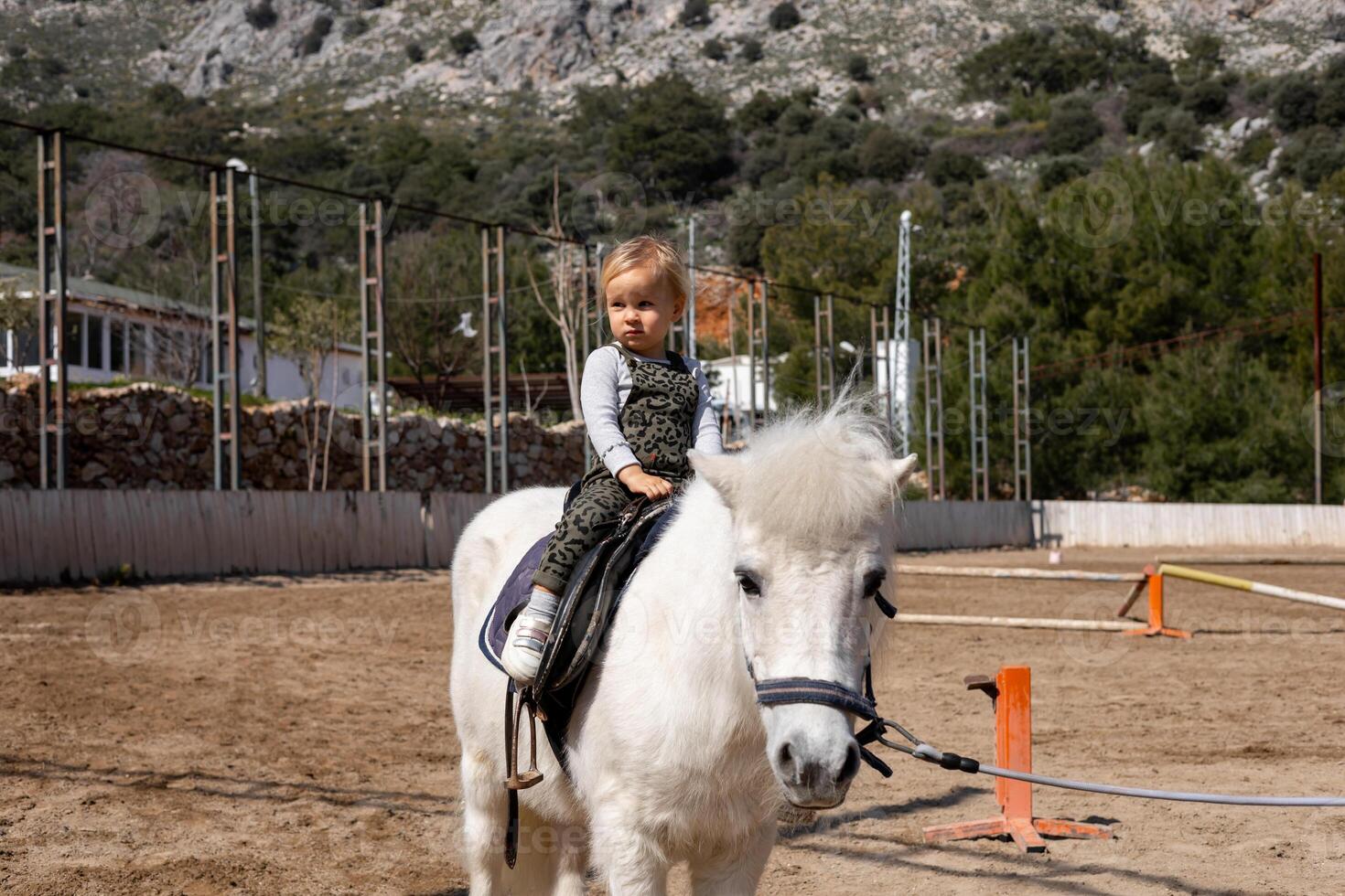 Young child rides a white pony in an outdoor riding arena surrounded by scenic nature photo