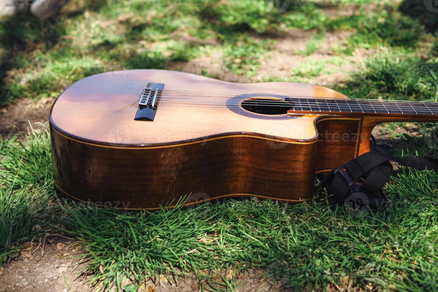 Acoustic guitar resting on the grass during a sunny outdoor gathering with friends photo