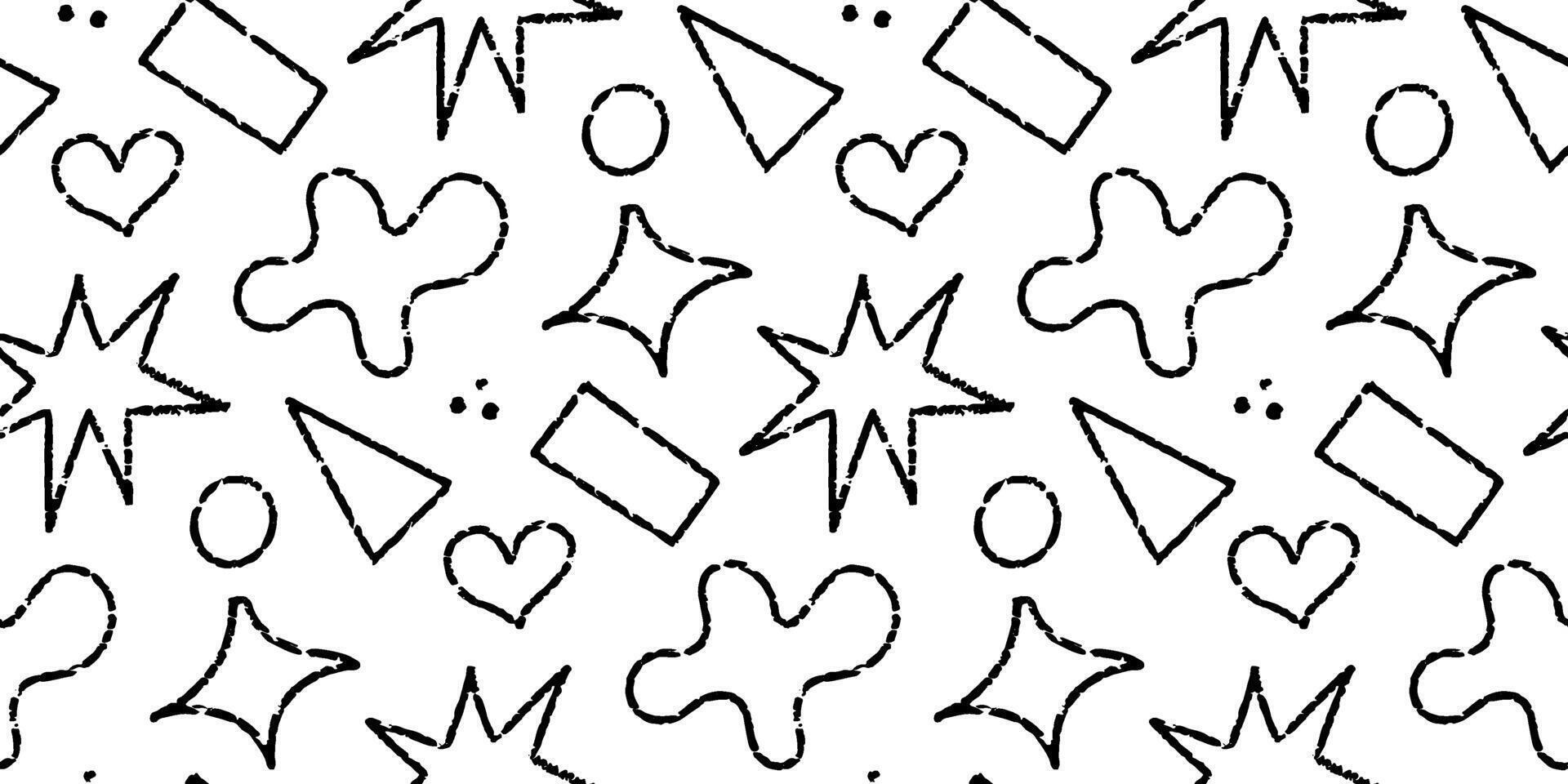 Chalk hand drawn kids seamless pattern. Doodle fun and playful background with black crayon style shapes including stars, hearts, circles, and squiggles. Ideal for children packaging, fabric vector