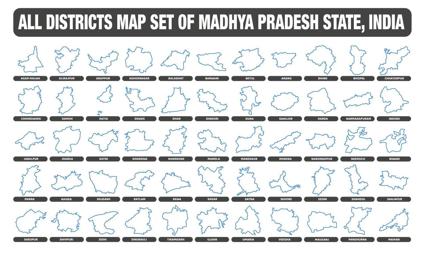 Districts map set of Madhya Pradesh state India vector