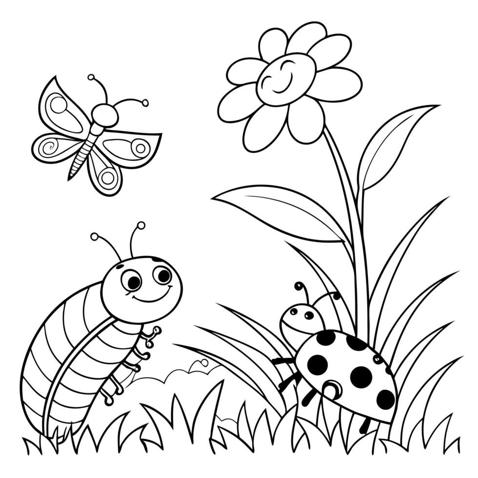 a coloring page with a butterfly and ladybug vector