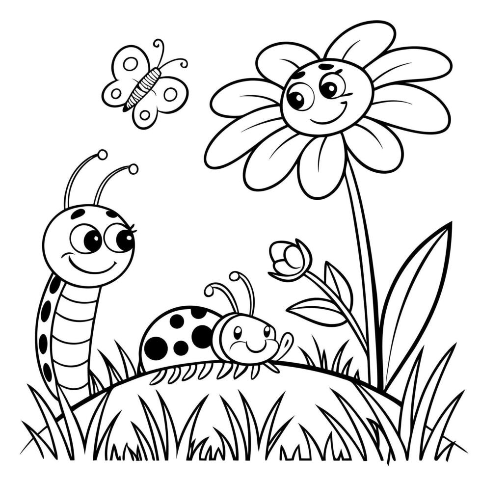 a coloring page with a bug and flower vector
