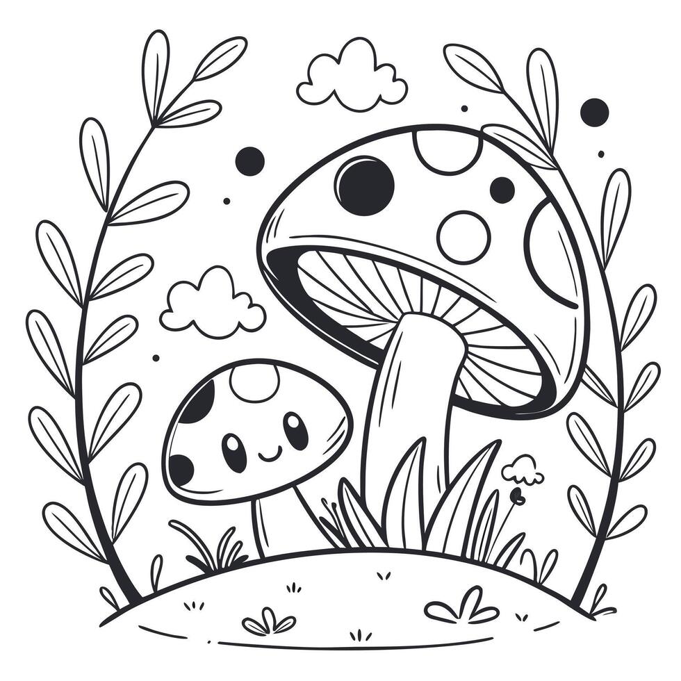 a coloring page with a mushroom and a baby vector