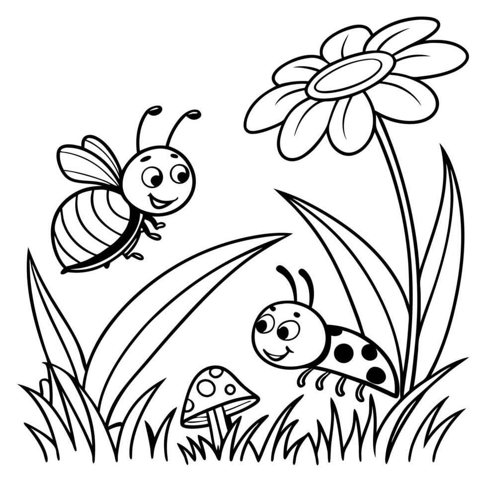 a bee and a flower coloring page vector