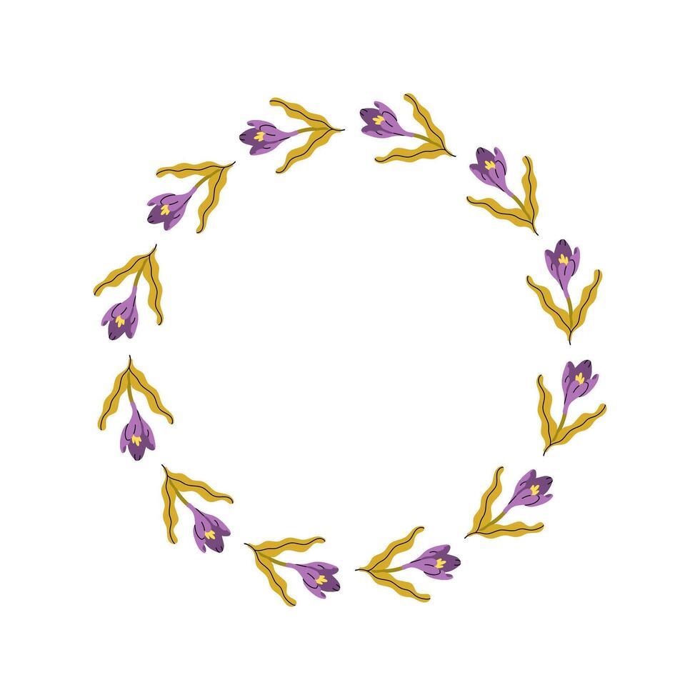 Floral spring wreath of crocuses. Minimalistic lilac flowers. Simple spring background. Holidays spring invitation. flat illustration. vector