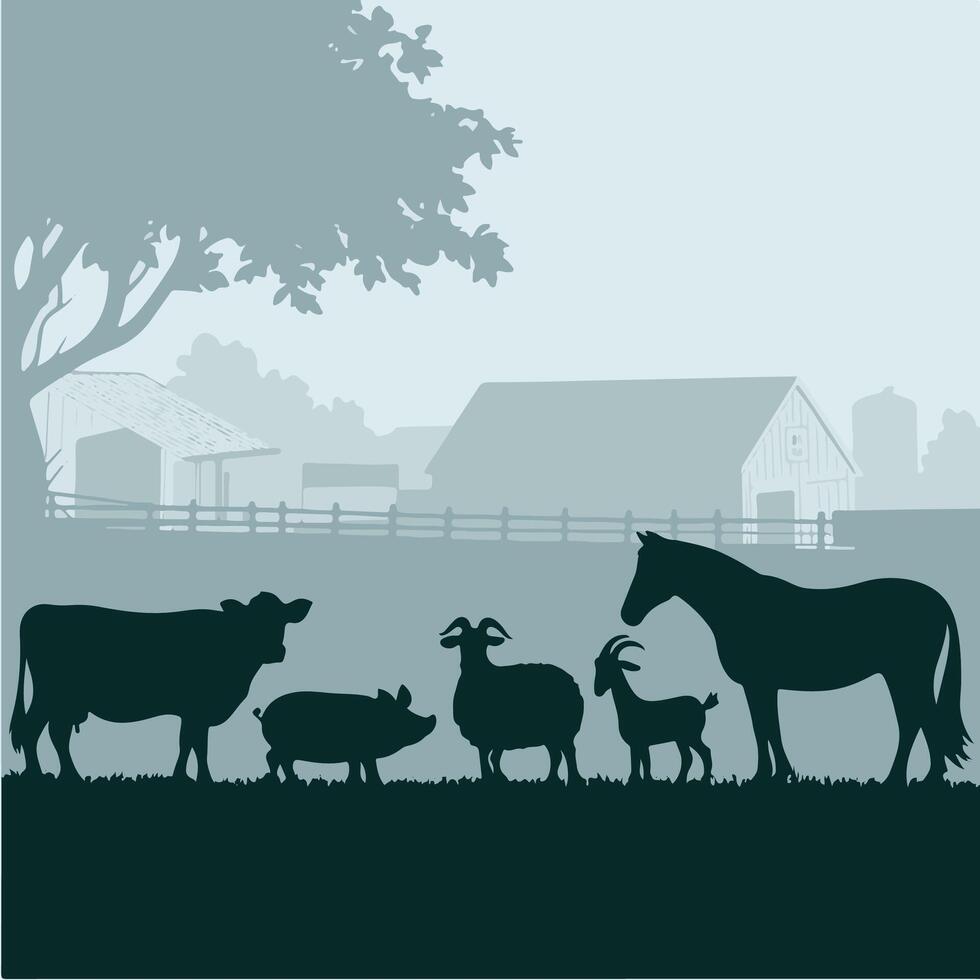 Farm animals in the field with barn and trees vector