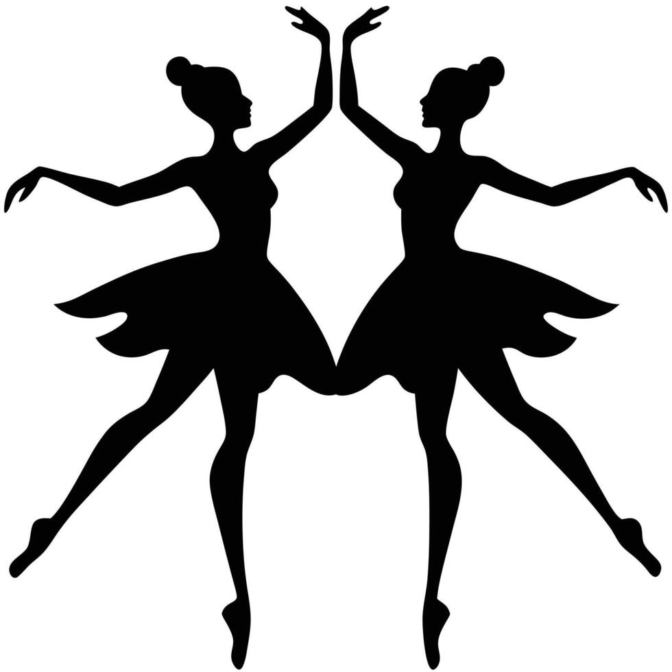 Two Silhouette Ballet Dancers in Dresses Mirroring Each Other with Arms Upwards vector