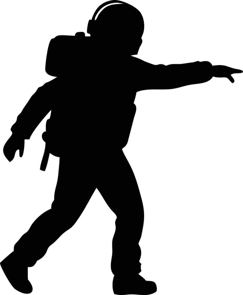 Black silhouette of a child pointing with backpack and headphone on white vector