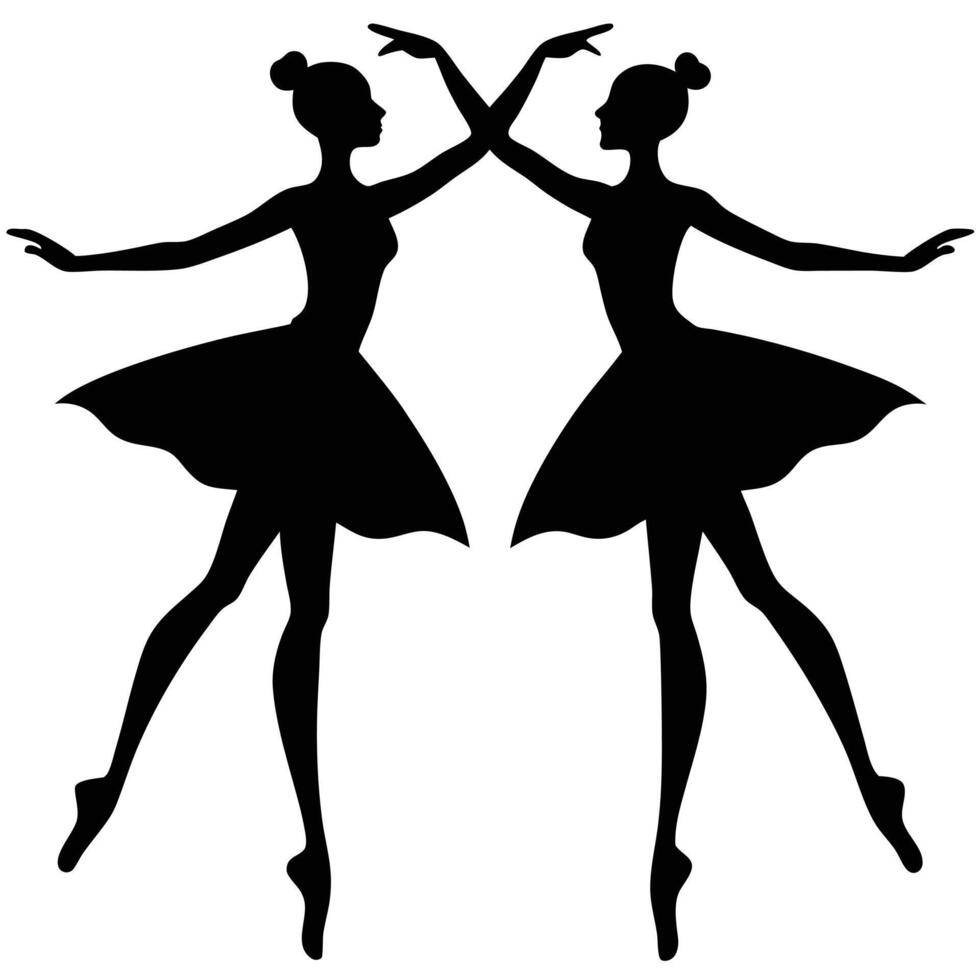 Two Ballerinas Silhouette Reaching Hands in Tutu Poses vector