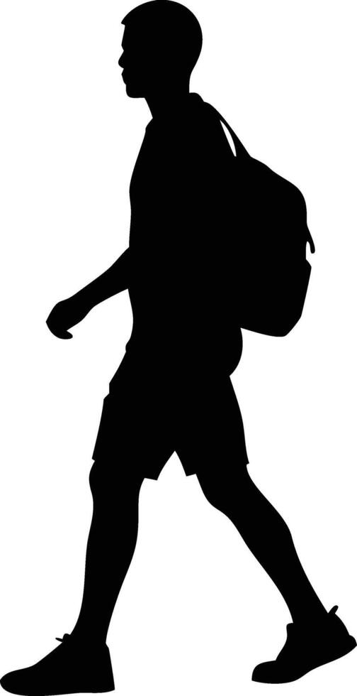 Walking Male Silhouette Man with Backpack Wearing Shorts and Sneakers on White vector