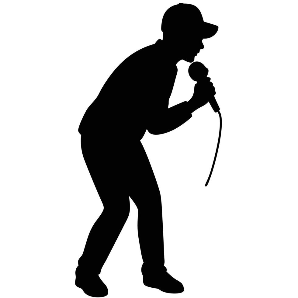 Singer silhouette with cap holding microphone performing vector