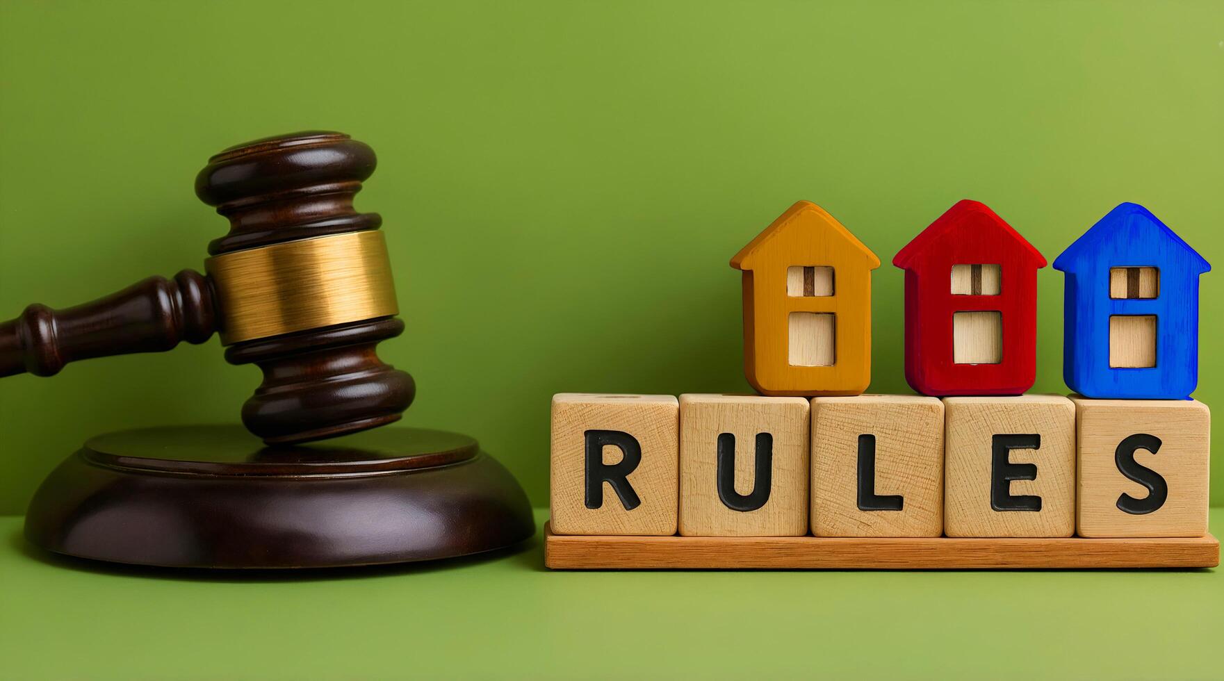 Blocks with the word Rules, a judge's gavel and miniature wooden houses. laws, regulations, and guidelines that govern the buying, selling, leasing, and managing of property. photo