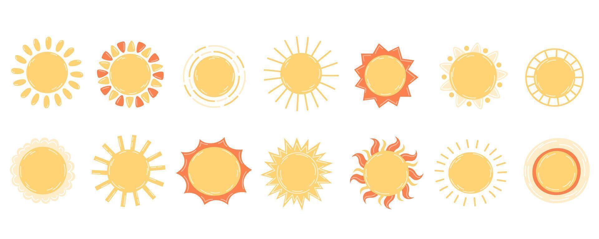 Collection of Yellow Sun Illustrations in Flat Style for Kids' Decor, Greeting Cards, and Posters. vector