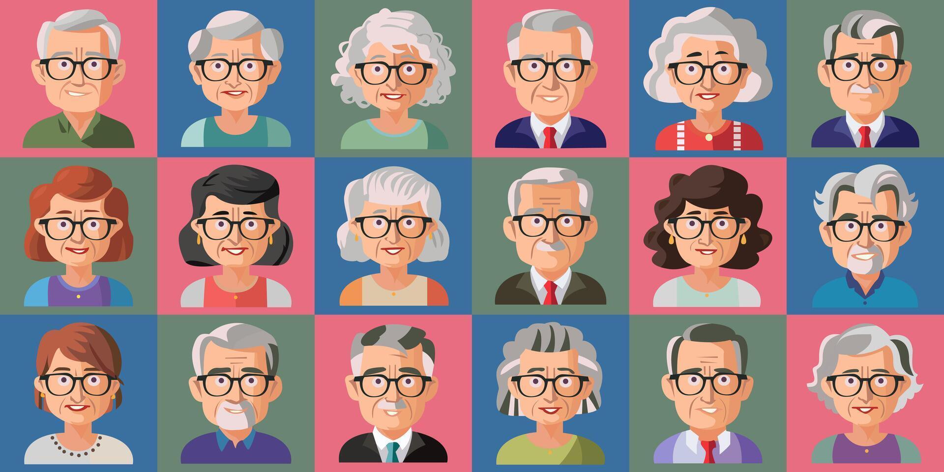 A colorful grid features a variety of elderly characters, each with distinct hairstyles and glasses. Their cheerful expressions showcase the diversity of age and personality. vector