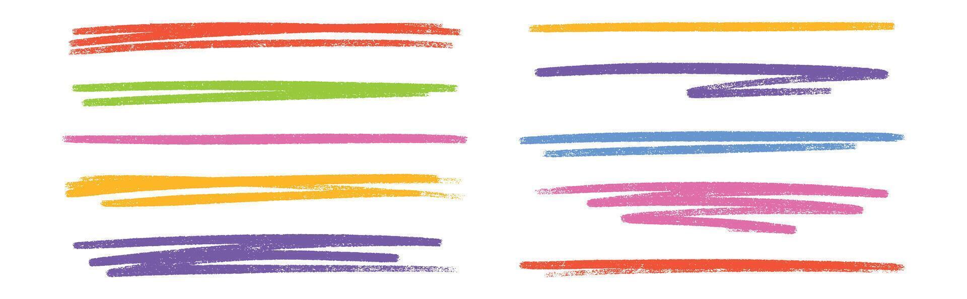Pastel underline color crayon set - hand drawn chalk, marker or pencil highlighter strokes with rough textured edges. vector